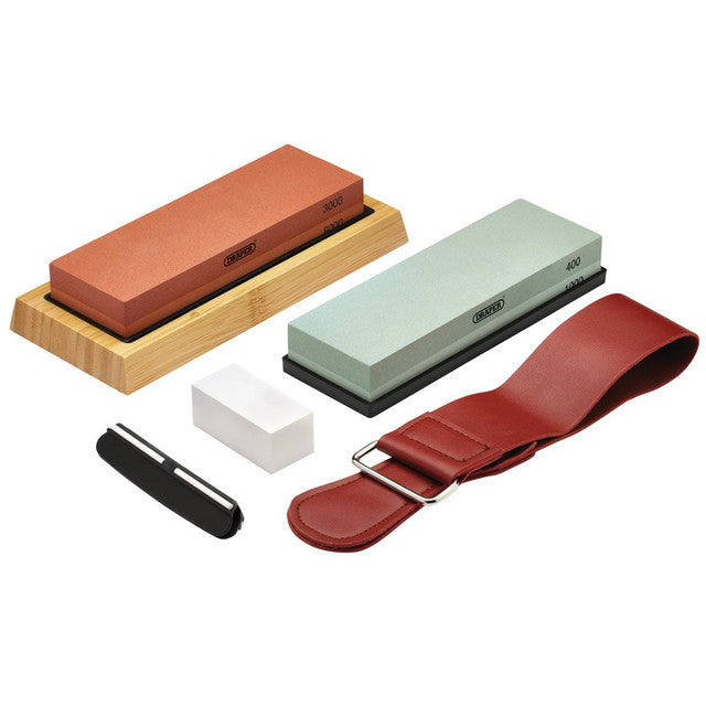 Draper Whetstone Sharpening Stone Set with Non-Slip Base and Angle Guide, 400/1000/3000/8000 Grit Draper Tools