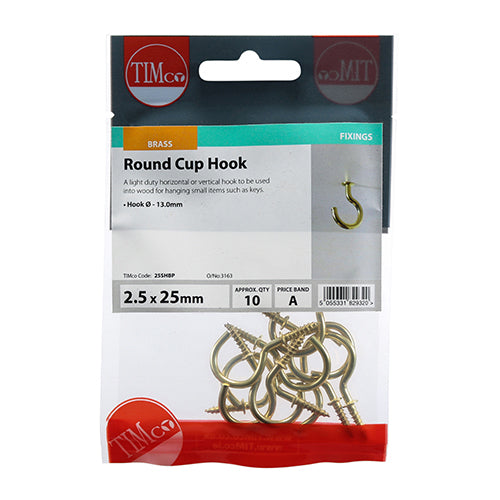 Round Cup Hook - E/Brass - 25mm | TIMpac of 10