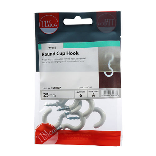 Round Cup Hook - White - 25mm | TIMpac of 6