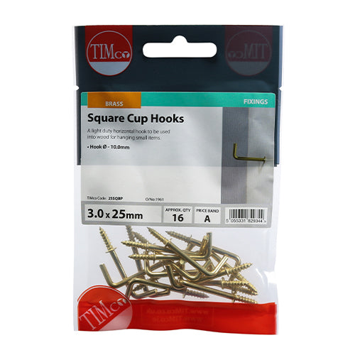 Square Cup Hooks - E/Brass - 25mm | TIMpac of 16