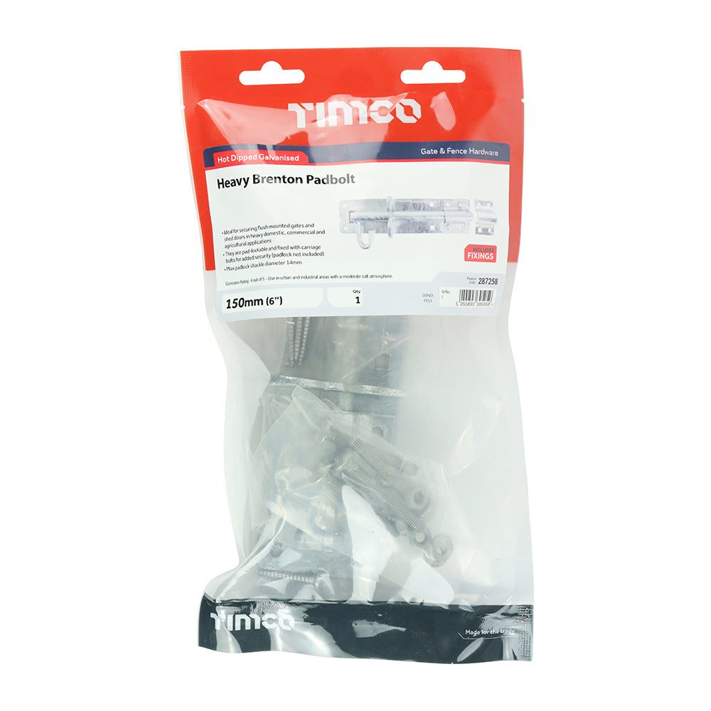 Heavy Brenton Padbolt HDG - 6" | Plain Bag