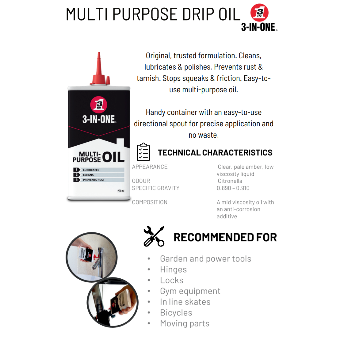 Product information card for 3-IN-ONE Multi Purpose Drip Oil on a white background