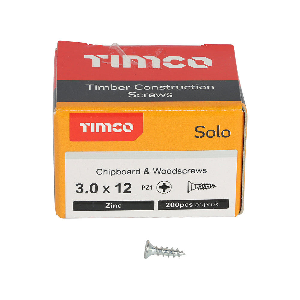 Solo Woodscrew PZ1 CSK Zinc - 3.0 x 12 | Box of 200
