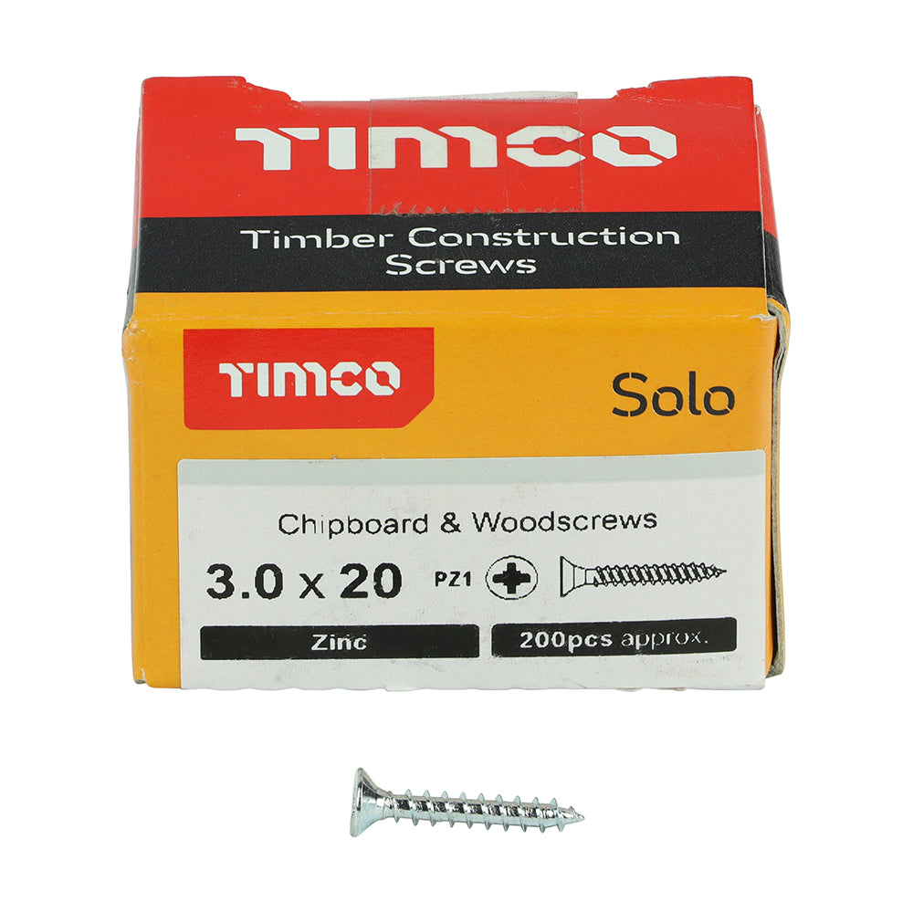 Solo Woodscrew PZ1 CSK Zinc - 3.0 x 20 | Box of 200