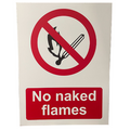 Sign with a red and white color scheme, displaying a graphic of a flame and text stating 'NO NAKED FLAMES'.