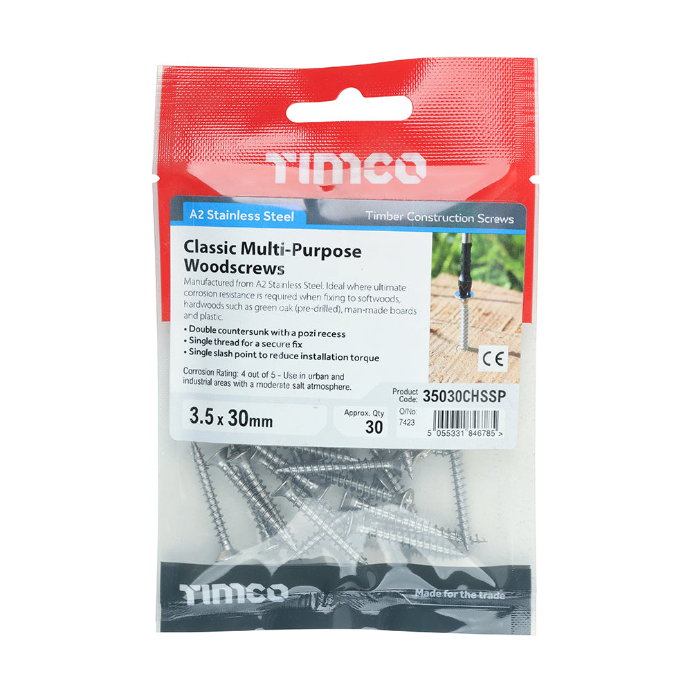 Classic Screw PZ2 CSK - A2 S/S - 3.5 x 30 | TIMpac of 30
