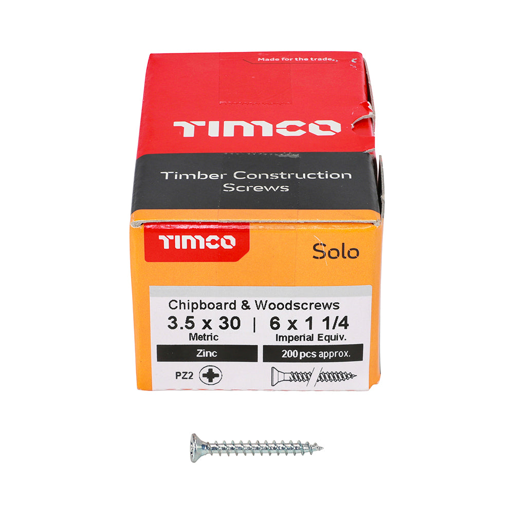 Solo Woodscrew PZ2 CSK Zinc - 3.5 x 30 | Box of 200