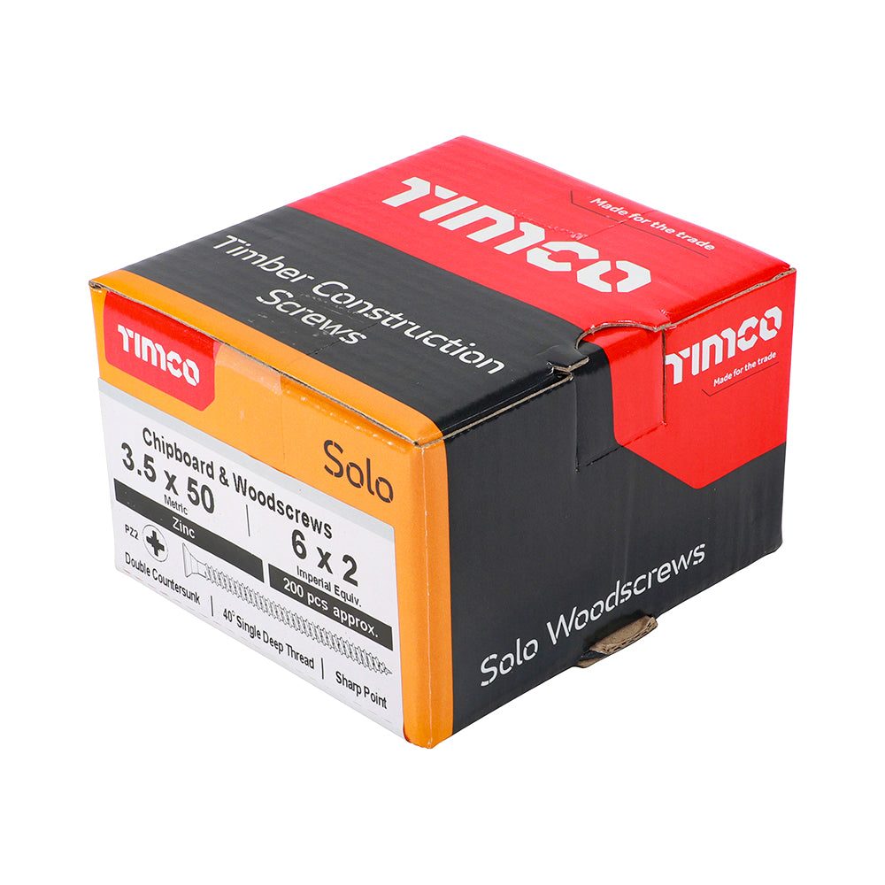 Solo Woodscrew PZ2 CSK Zinc - 3.5 x 50 | Box of 200