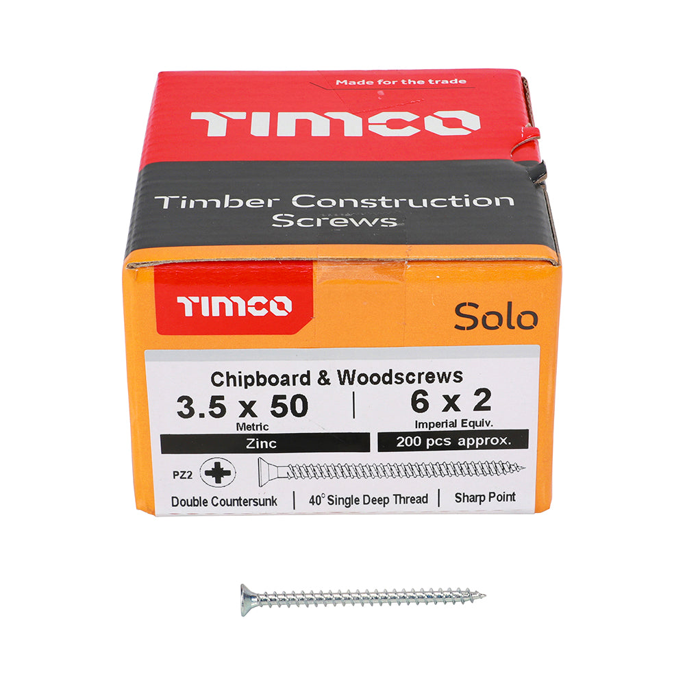 Solo Woodscrew PZ2 CSK Zinc - 3.5 x 50 | Box of 200