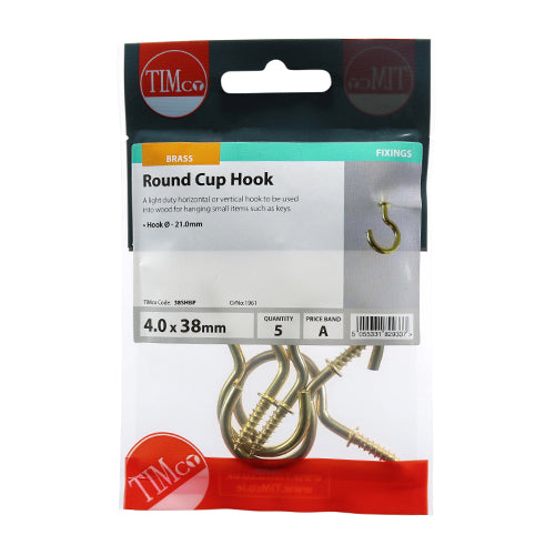 Round Cup Hook - E/Brass - 38mm | TIMpac of 5