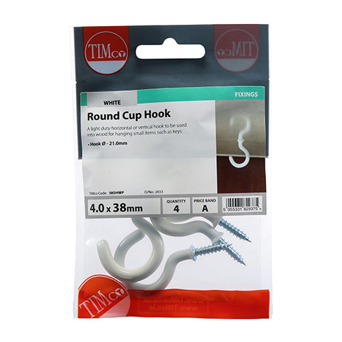 Round Cup Hook - White - 38mm | TIMpac of 4