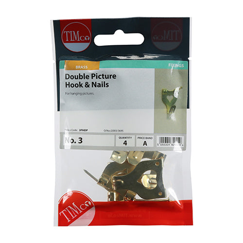 Picture Hook & Nails - E/Brass - No.3 Double | TIMpac of 4