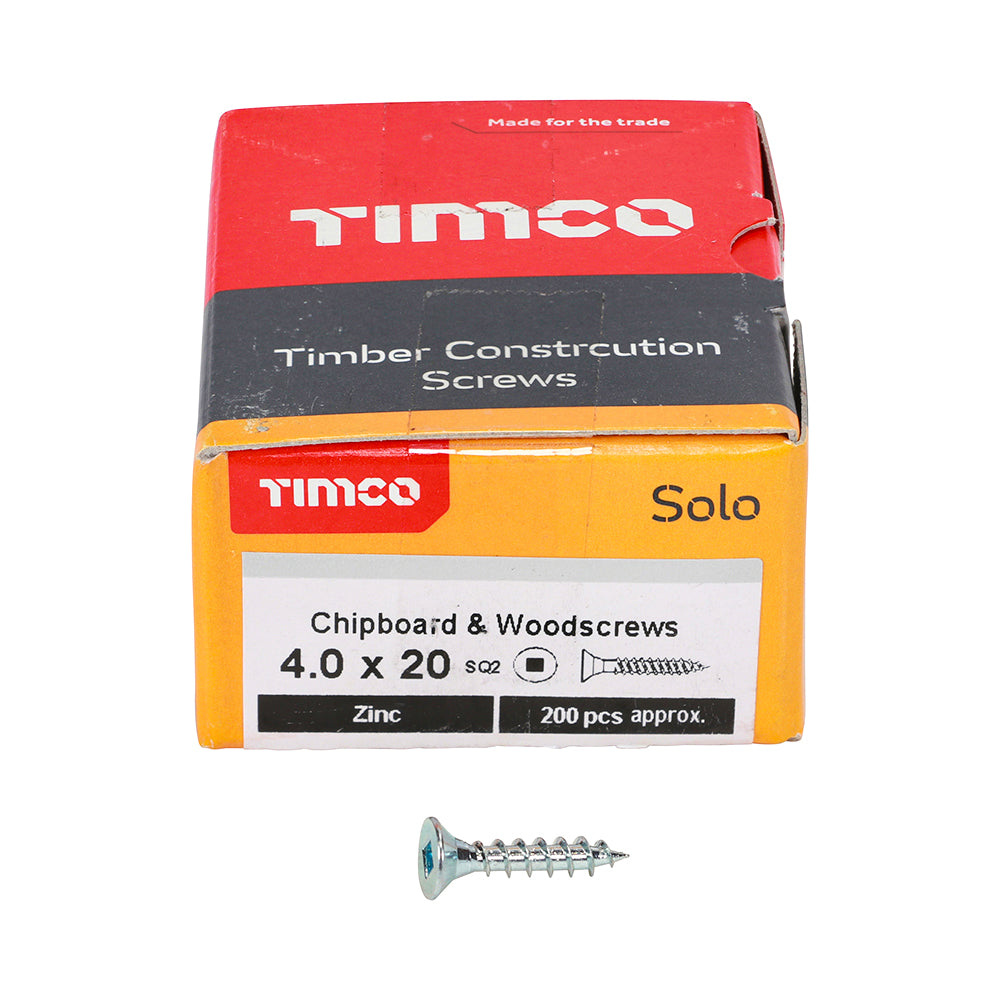 Solo Woodscrew SQ2 CSK Zinc - 4.0 x 20 | Box of 200