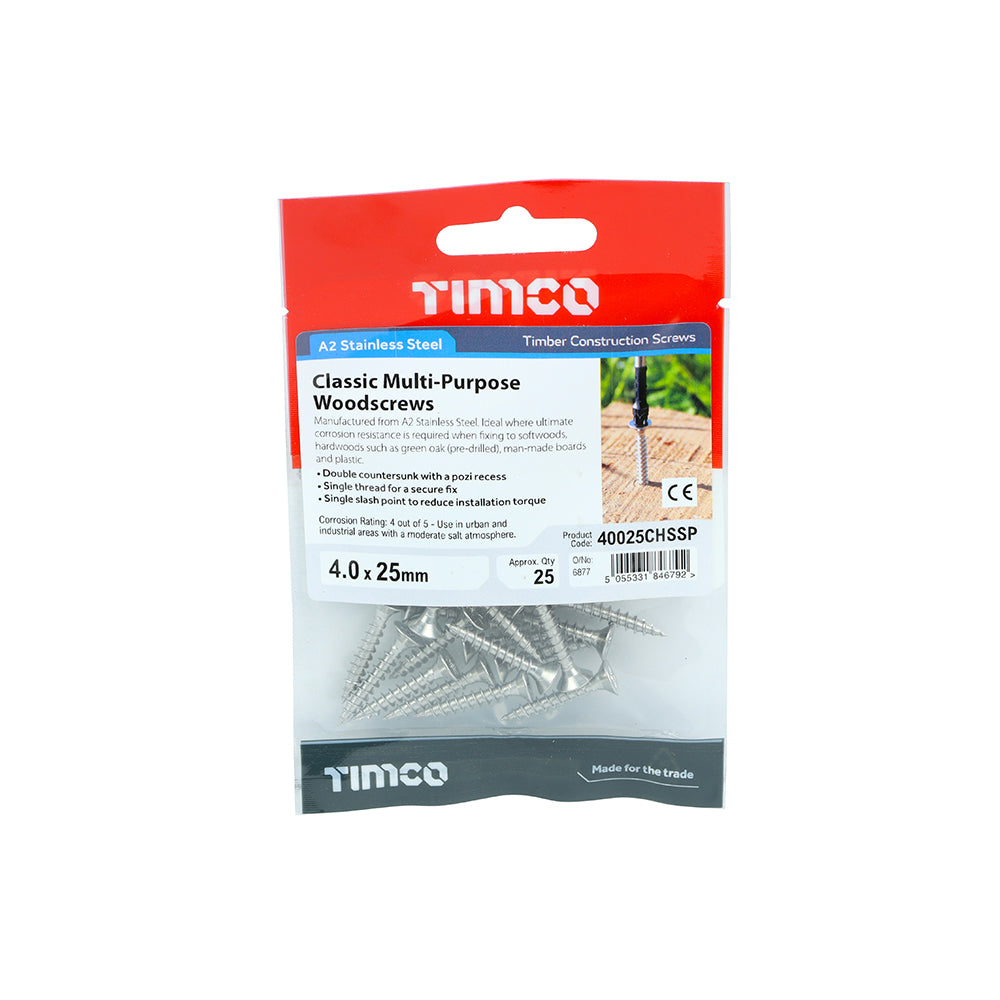 Classic Screw PZ2 CSK - A2 S/S - 4.0 x 25 | TIMpac of 25