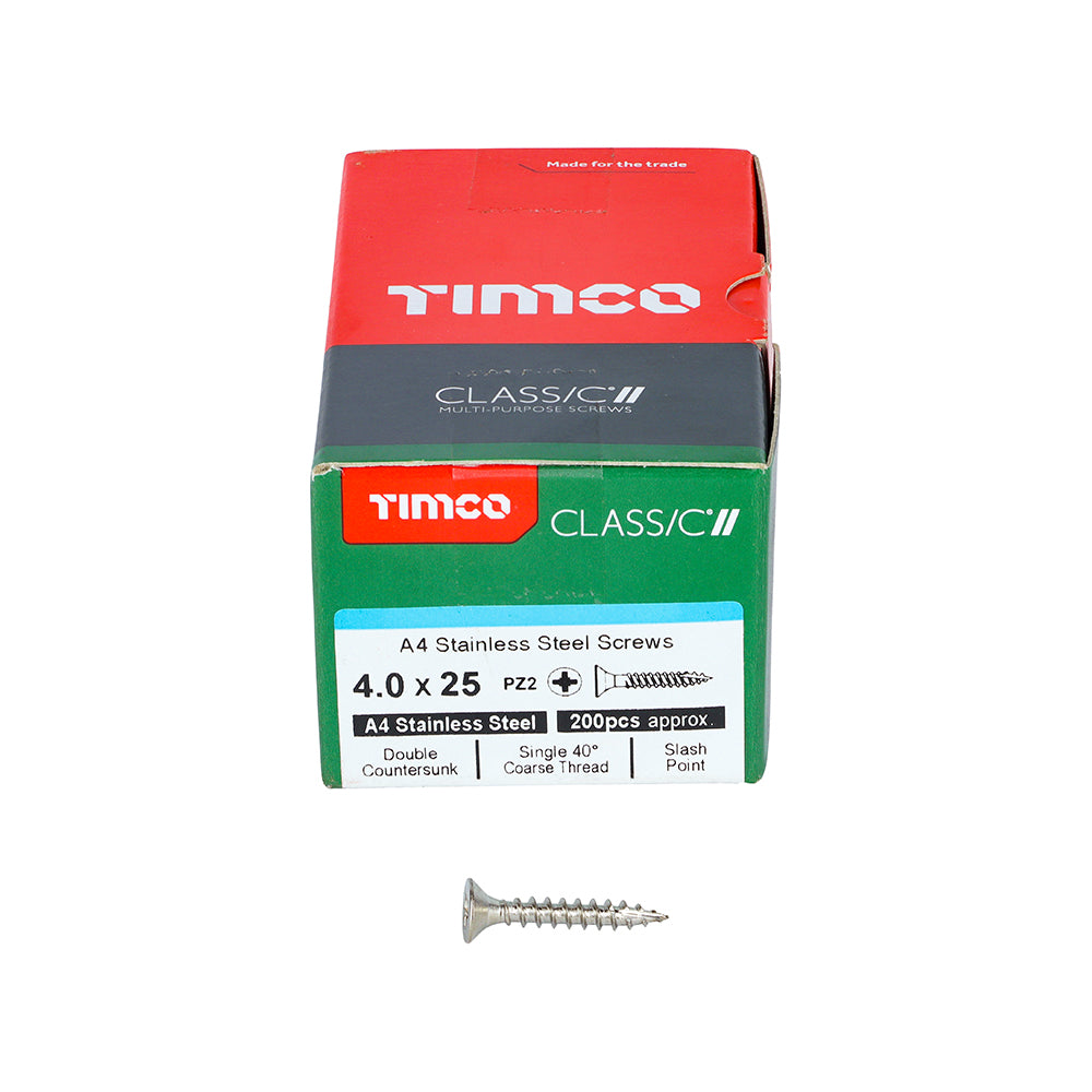 Classic Screw PZ2 CSK A4 SS - 4.0 x 25 | Box of 200