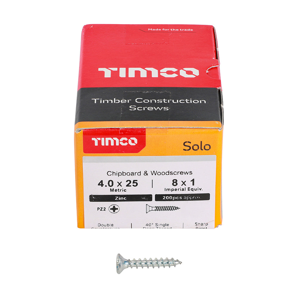 Solo Woodscrew PZ2 CSK Zinc - 4.0 x 25 | Box of 200