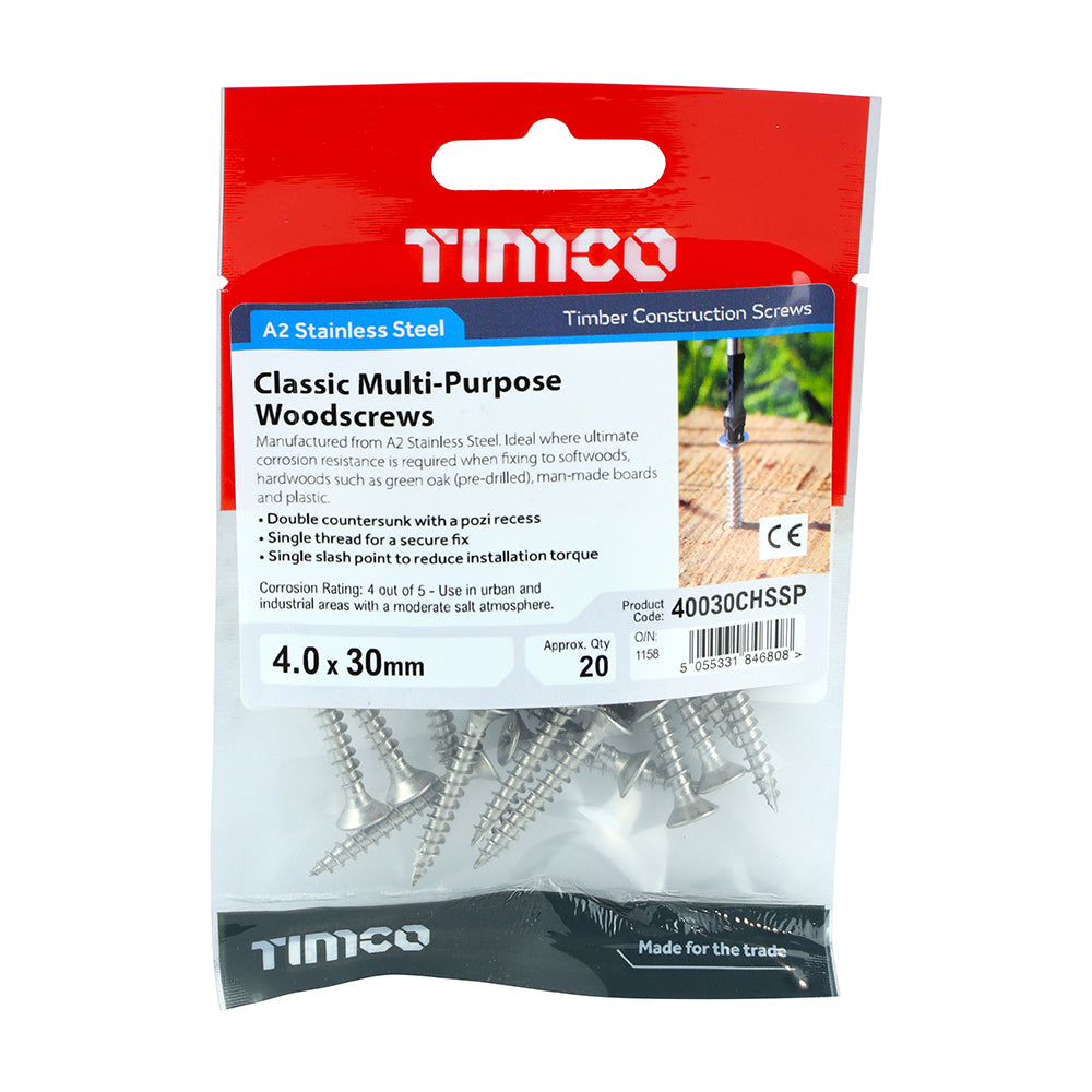 Classic Screw PZ2 CSK - A2 S/S - 4.0 x 30 | TIMpac of 20