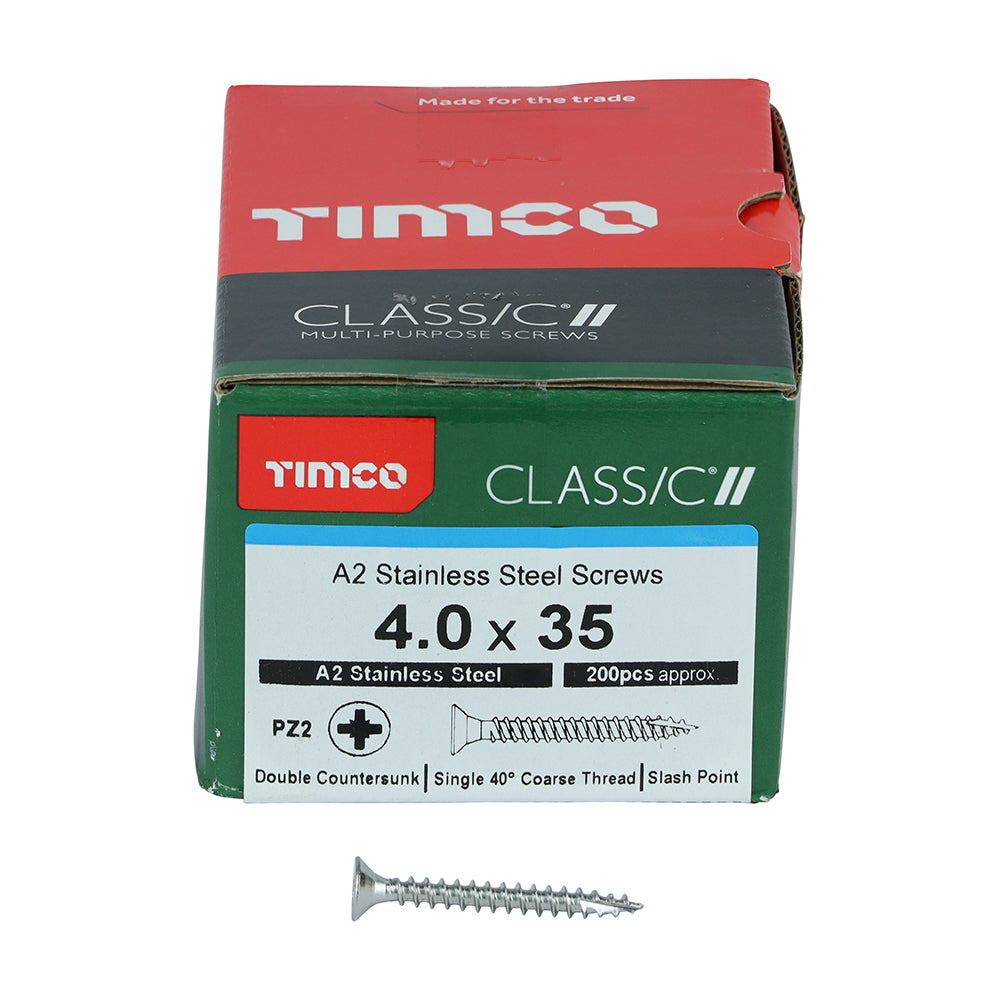 Classic Screw PZ2 CSK A2 SS - 4.0 x 35 | Box of 200