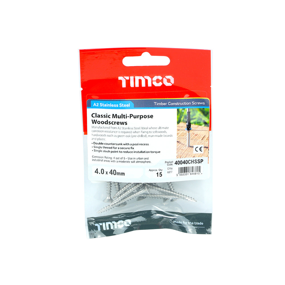 Classic Screw PZ2 CSK - A2 S/S - 4.0 x 40 | TIMpac of 15