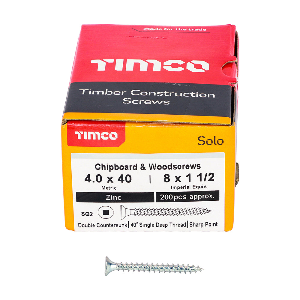 Solo Woodscrew SQ2 CSK Zinc - 4.0 x 40 | Box of 200
