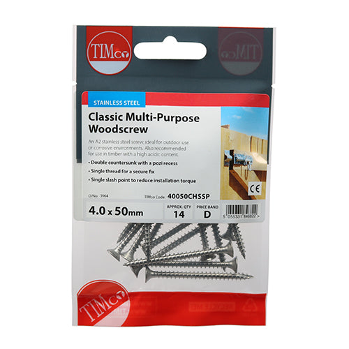 Classic Screw PZ2 CSK - A2 S/S - 4.0 x 50 | TIMpac of 14