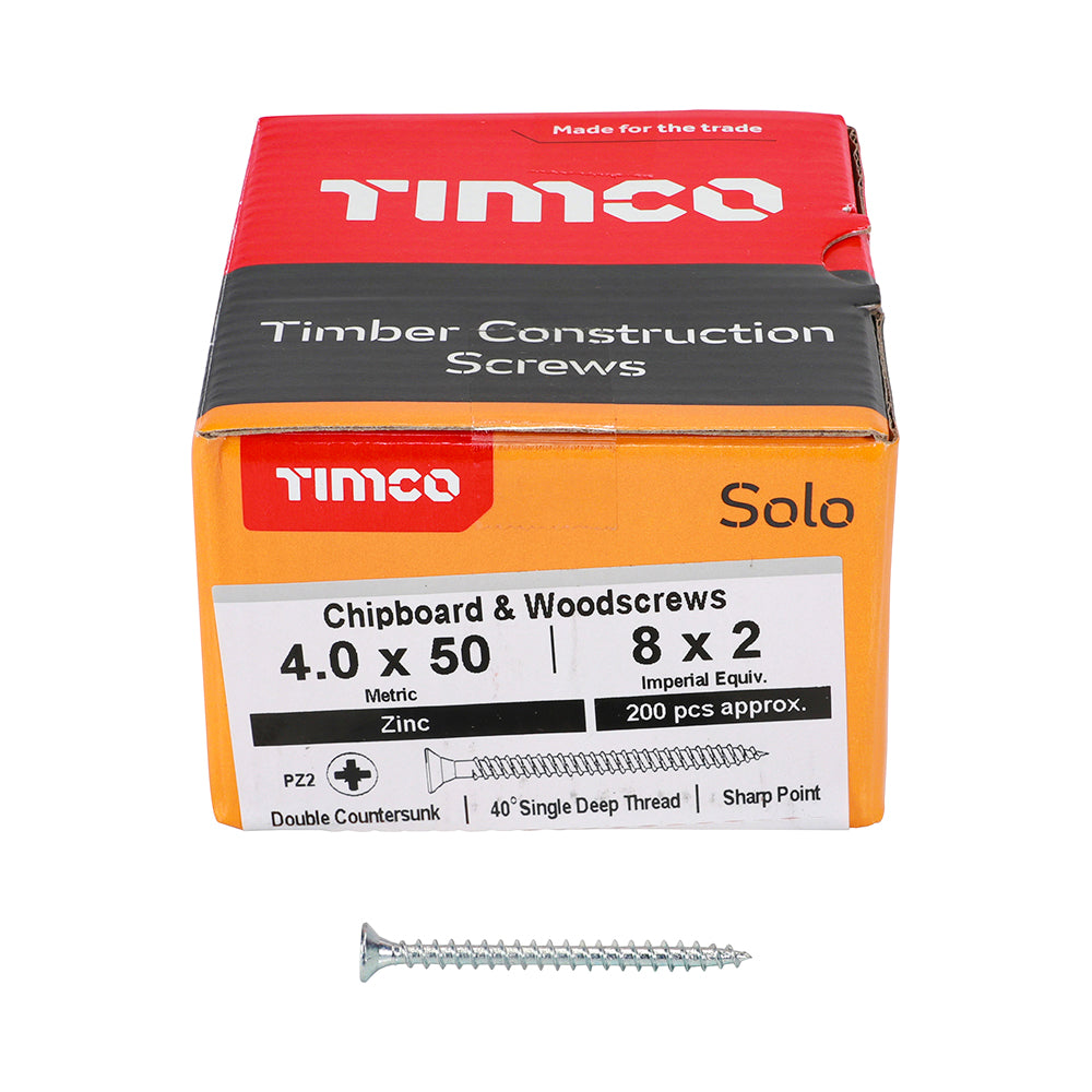 Solo Woodscrew PZ2 CSK Zinc - 4.0 x 50 | Box of 200