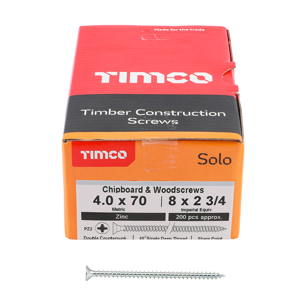 Solo Woodscrew PZ2 CSK Zinc - 4.0 x 70 | Box of 200