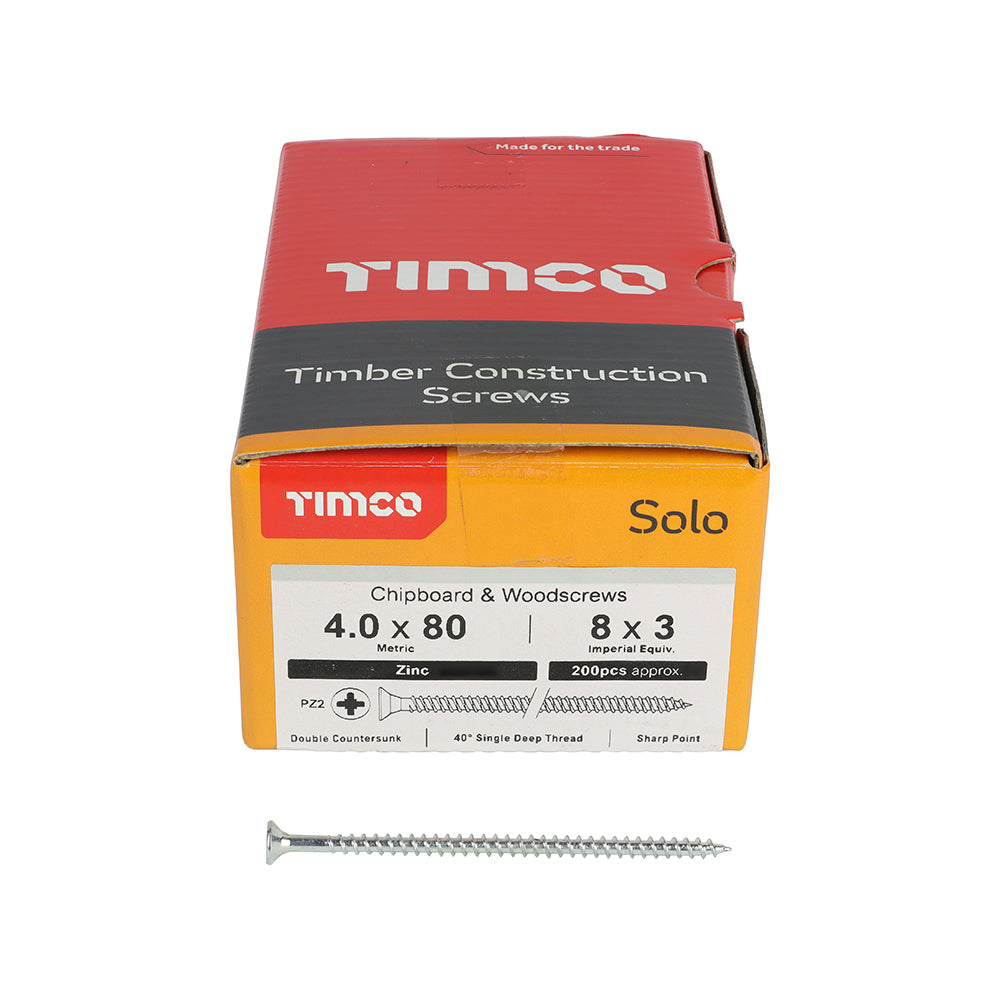 Solo Woodscrew PZ2 CSK Zinc - 4.0 x 80 | Box of 200