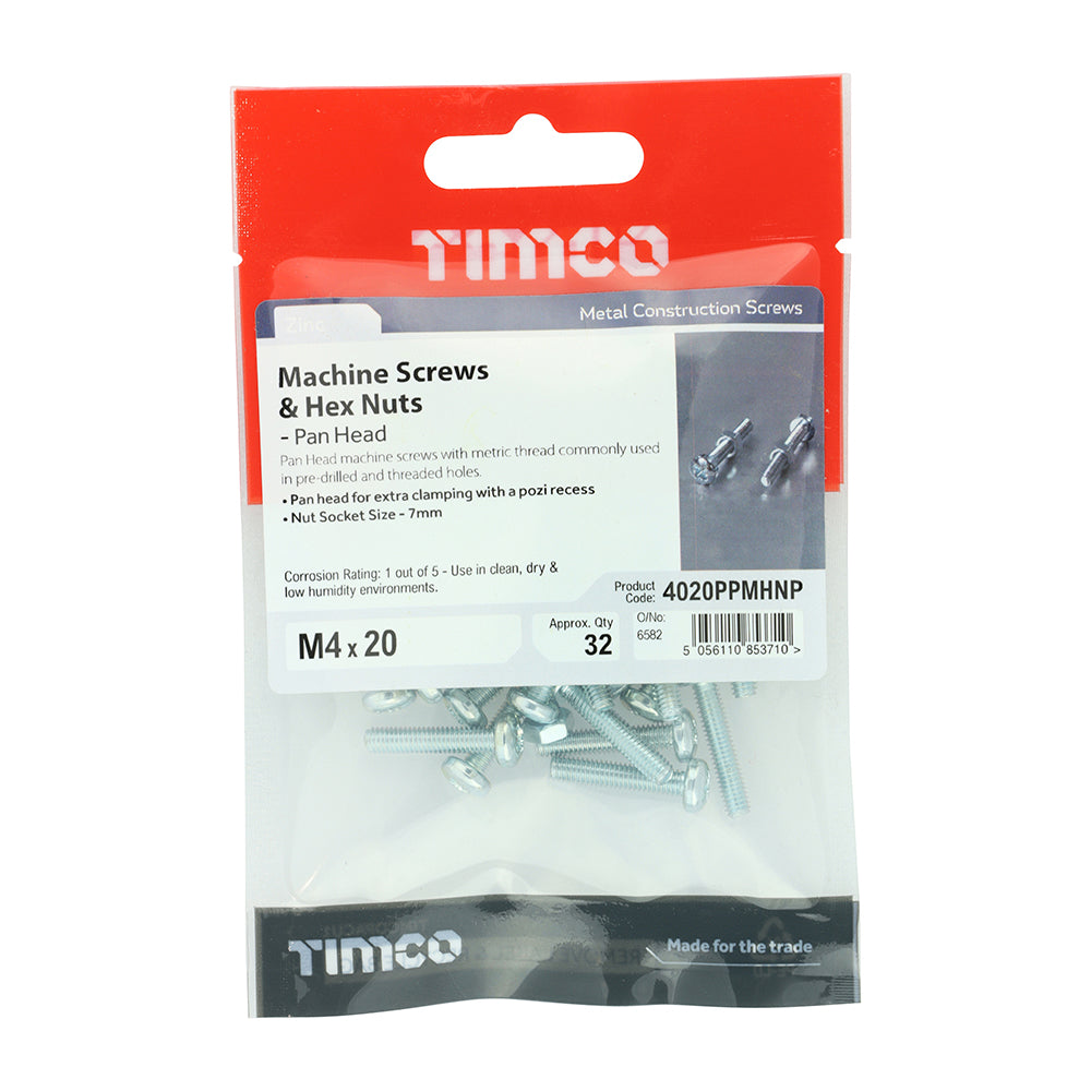 Machine Screw & Nut PAN - BZP - M4 x 20 | TIMpac of 32