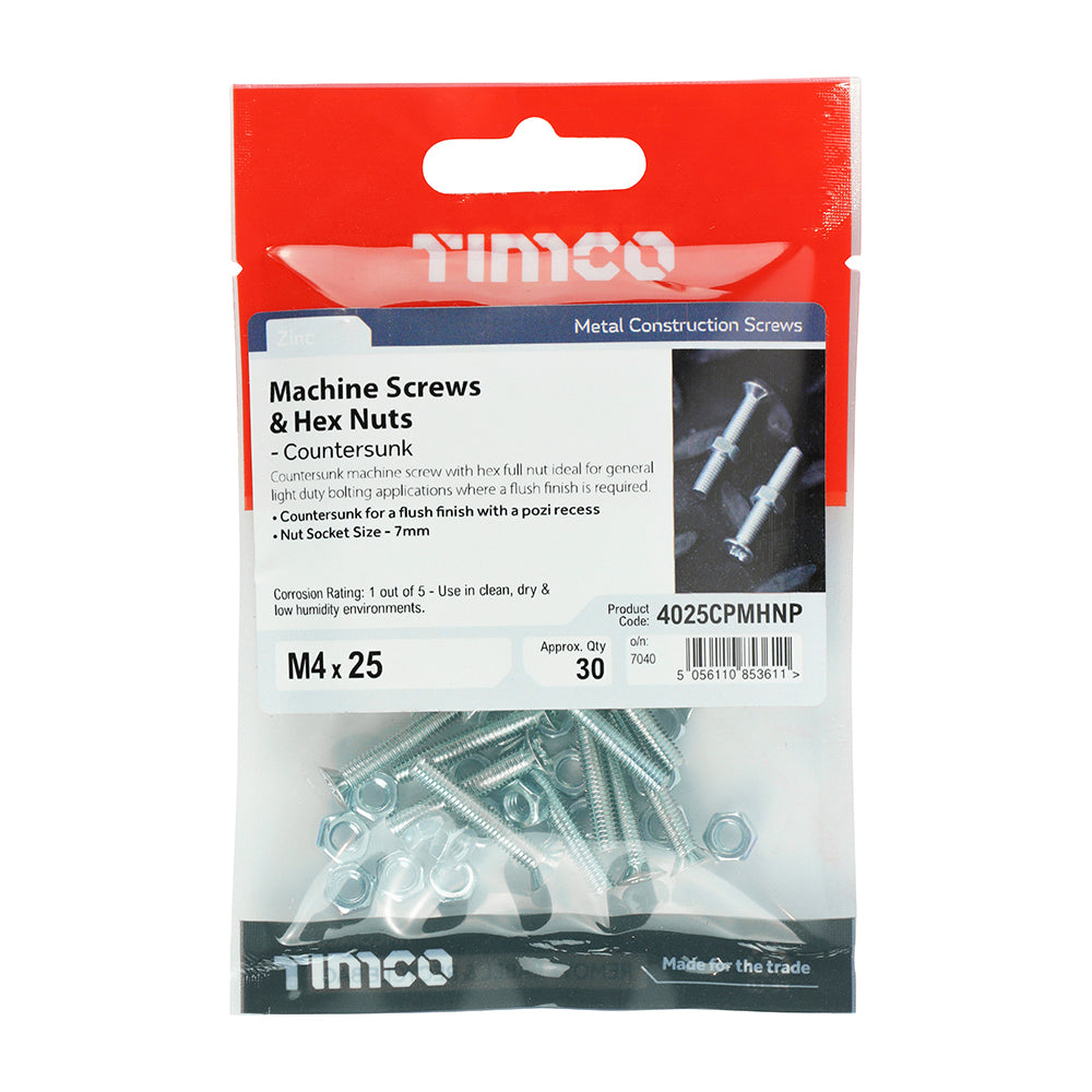 Machine Screw & Nut CSK - BZP - M4 x 25 | TIMpac of 30