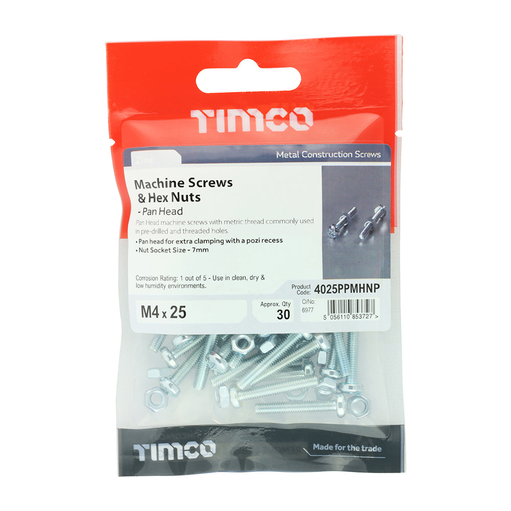 Machine Screw & Nut PAN - BZP - M4 x 25 | TIMpac of 30