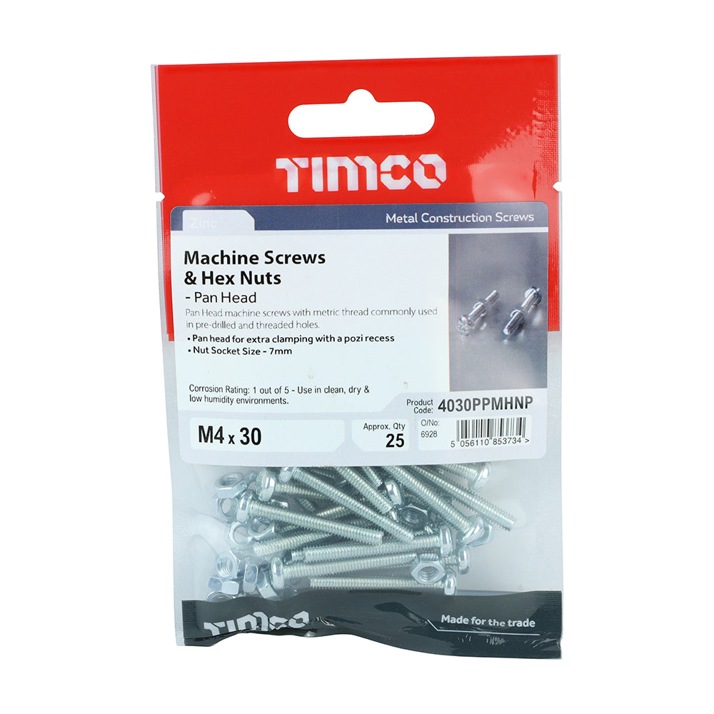 Machine Screw & Nut PAN - BZP - M4 x 30 | TIMpac of 25