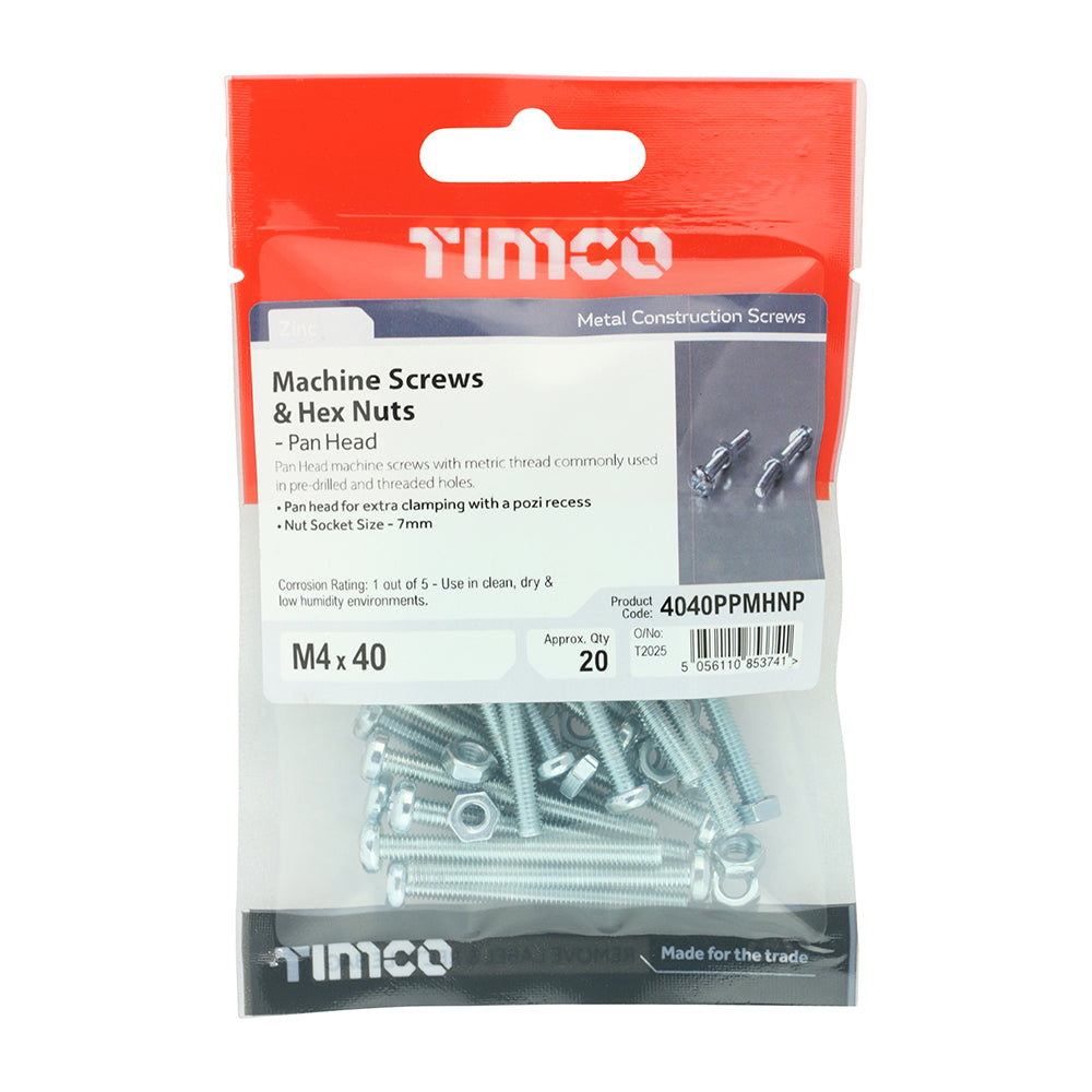 Machine Screw & Nut PAN - BZP - M4 x 40 | TIMpac of 20