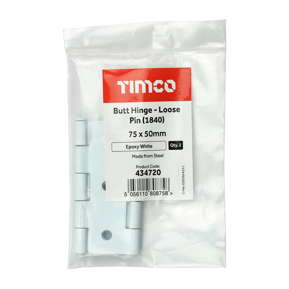 Butt Hinge Loose Pin WHITE - 75 x 50 | Plain Bag of 2