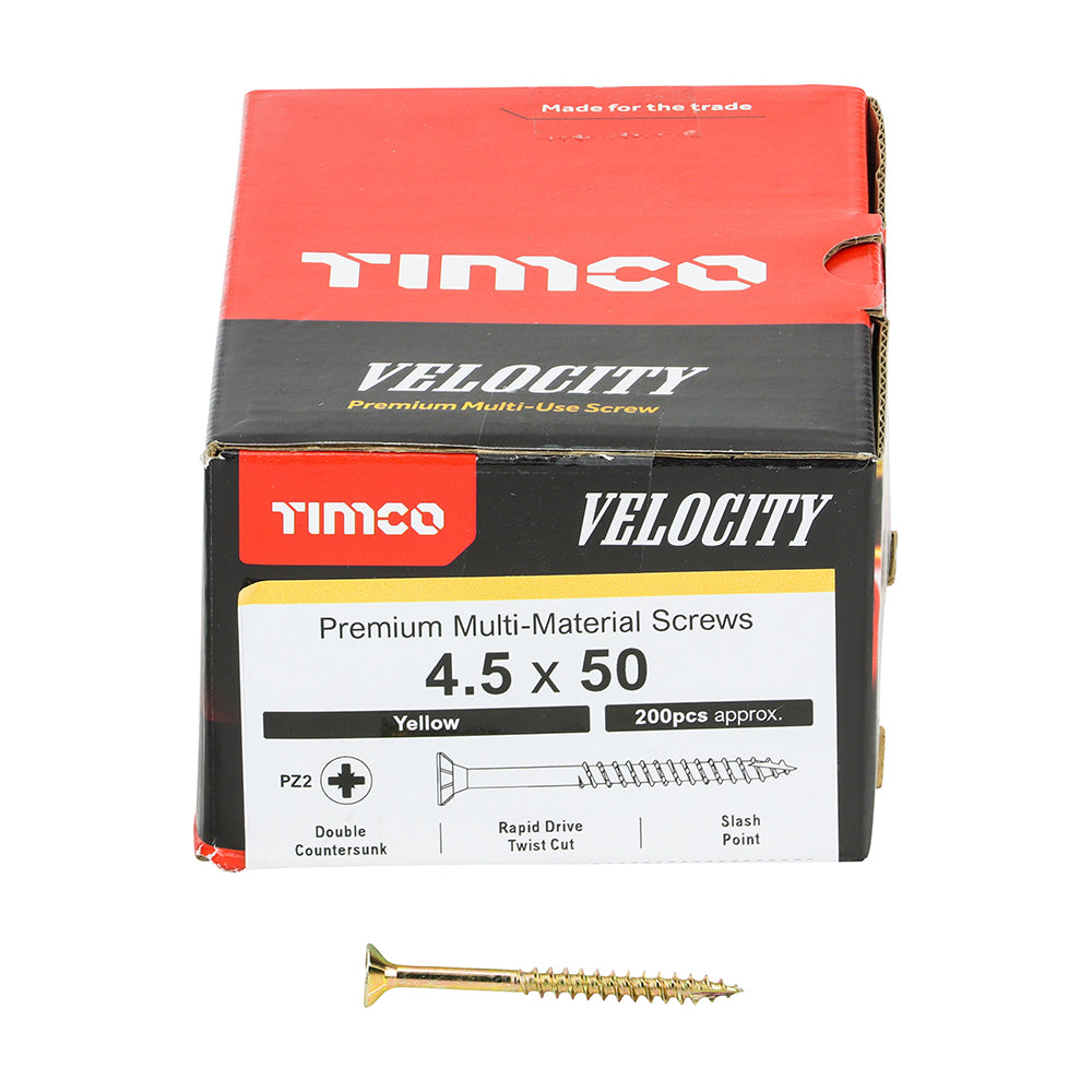 Timco Velocity Premium Multi-Use Screws - PZ - Double Countersunk - Yellow - Box