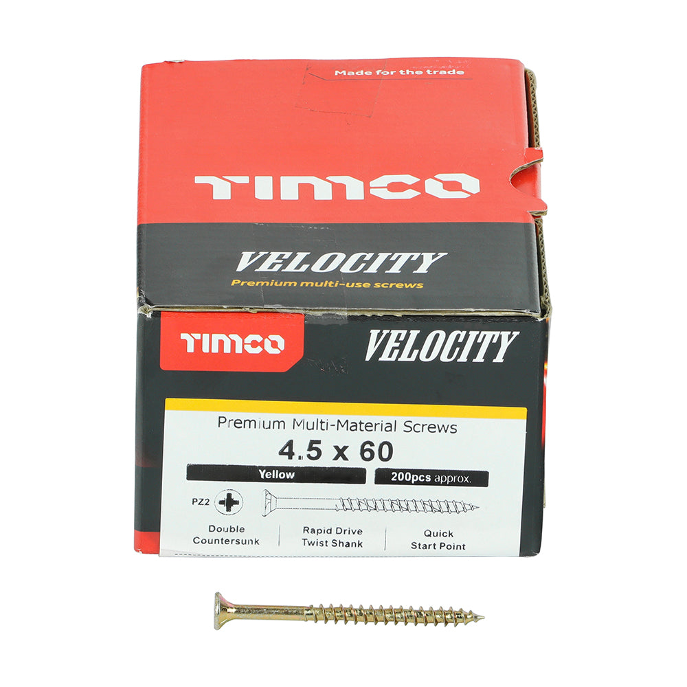 Timco Velocity Premium Multi-Use Screws - PZ - Double Countersunk - Yellow - Box