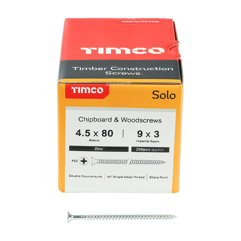 Solo Woodscrew PZ2 CSK Zinc - 4.5 x 80 | Box of 200