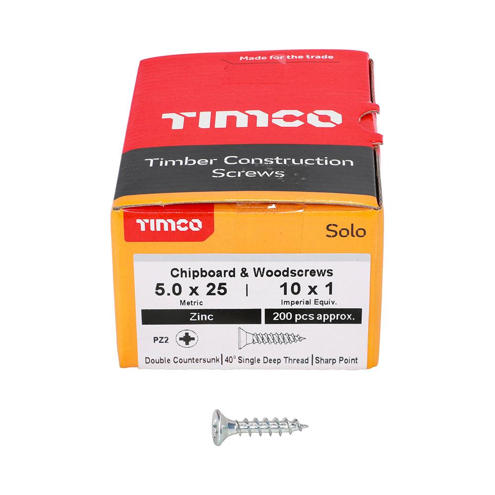 Solo Woodscrew PZ2 CSK Zinc - 5.0 x 25 | Box of 200