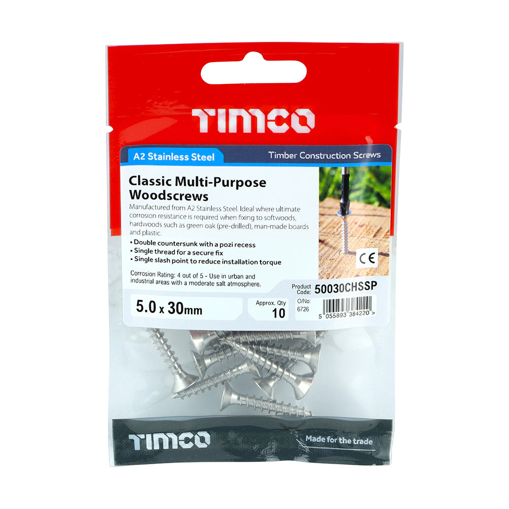 Classic Screw PZ2 CSK - A2 S/S - 5.0 x 30 | TIMpac of 10