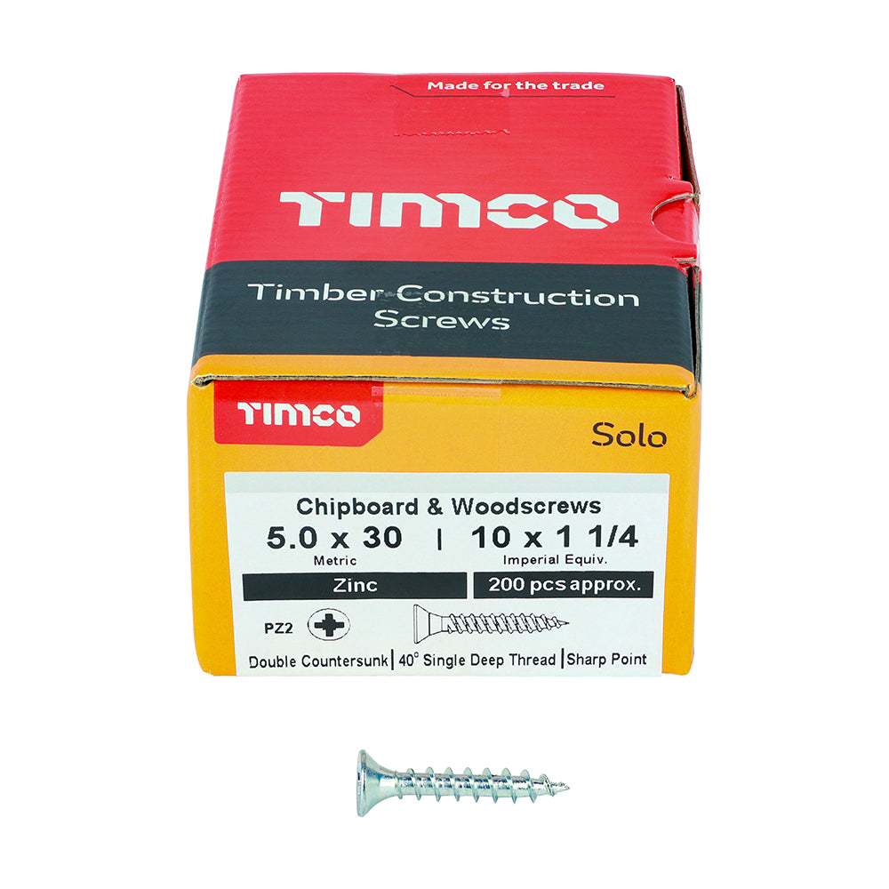 Solo Woodscrew PZ2 CSK Zinc - 5.0 x 30 | Box of 200