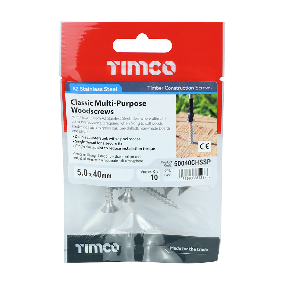 Classic Screw PZ2 CSK - A2 S/S - 5.0 x 40 | TIMpac of 10