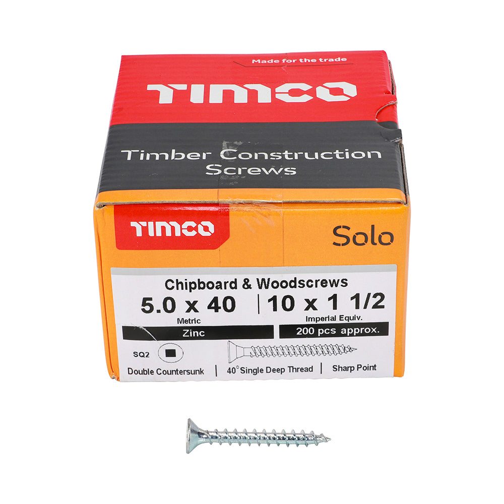 Solo Woodscrew SQ2 CSK Zinc - 5.0 x 40 | Box of 200