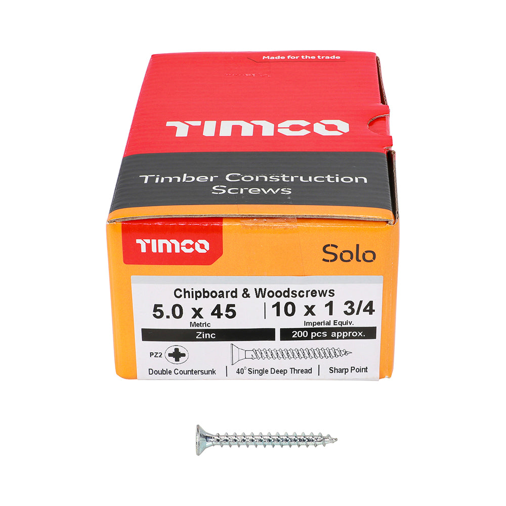 Solo Woodscrew PZ2 CSK Zinc - 5.0 x 45 | Box of 200