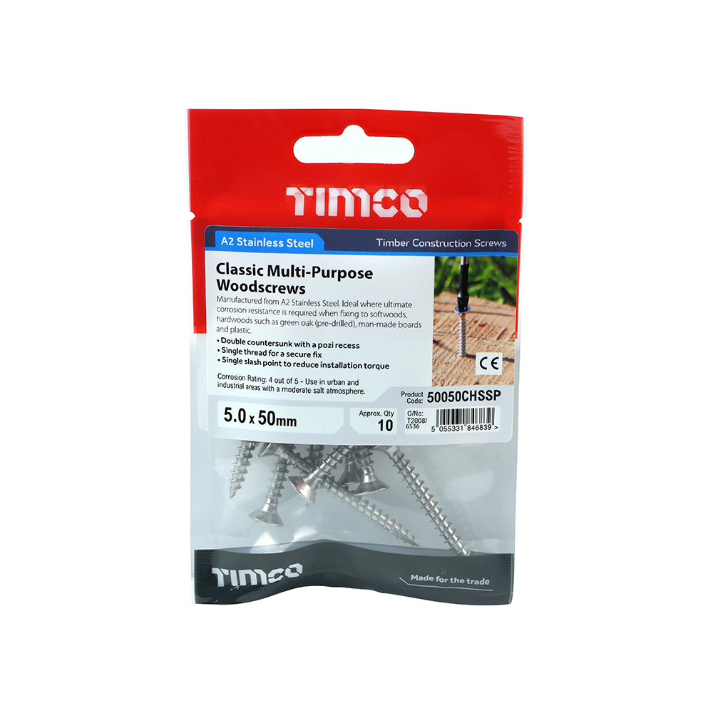 Classic Screw PZ2 CSK - A2 S/S - 5.0 x 50 | TIMpac of 10