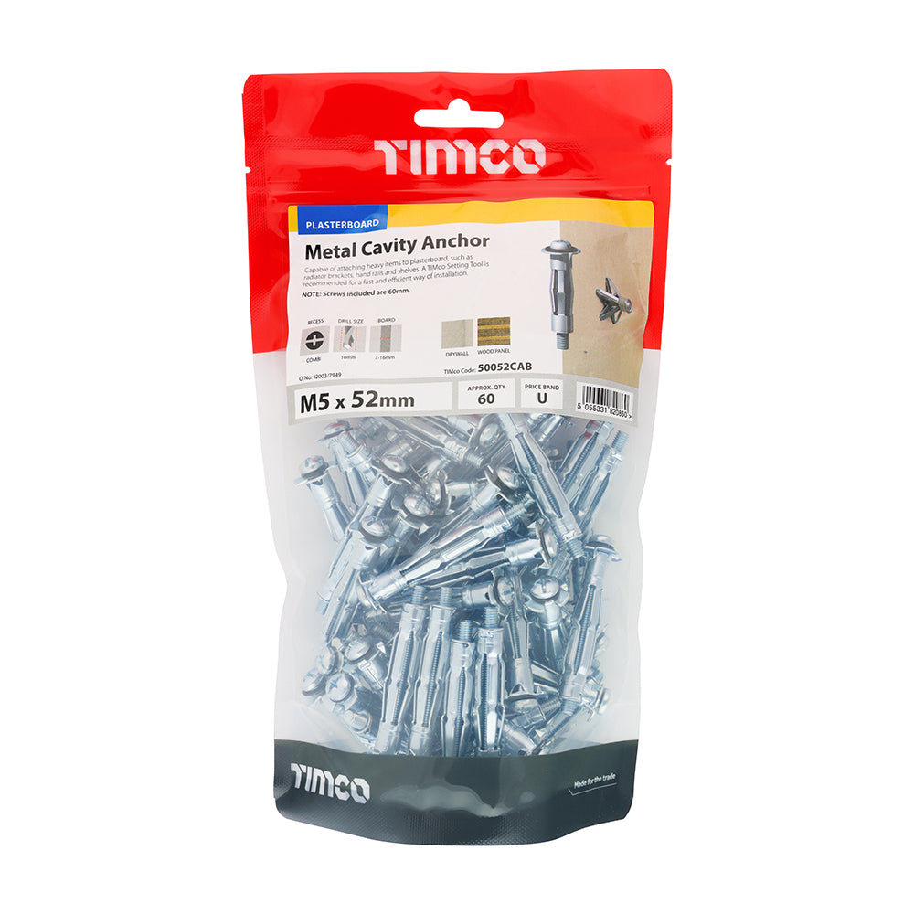 Cavity Anchor - BZP - M5 x 52 (60mm Screw) | TIMpac of 3