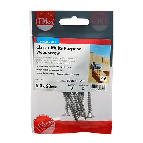 Classic Screw PZ2 CSK - A2 S/S - 5.0 x 60 | TIMpac of 8