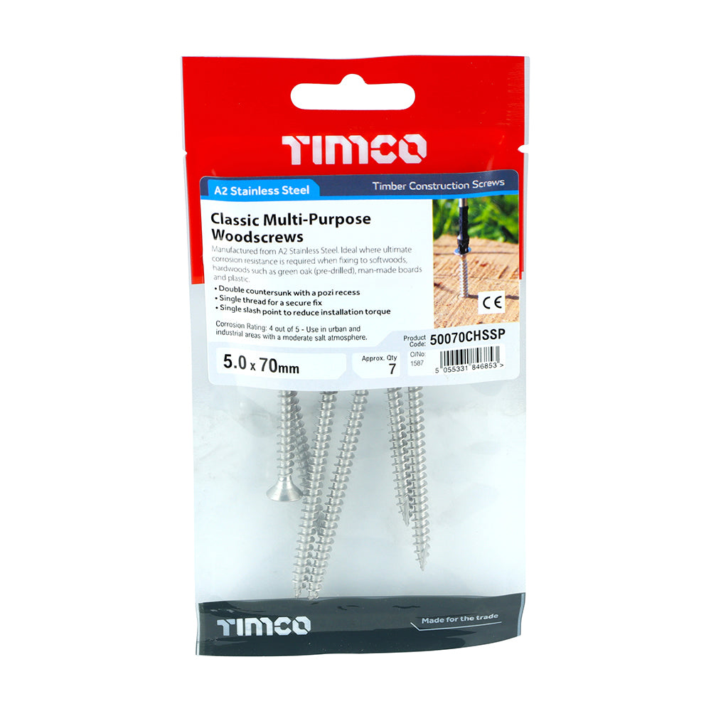 Classic Screw PZ2 CSK - A2 S/S - 5.0 x 70 | TIMpac of 7