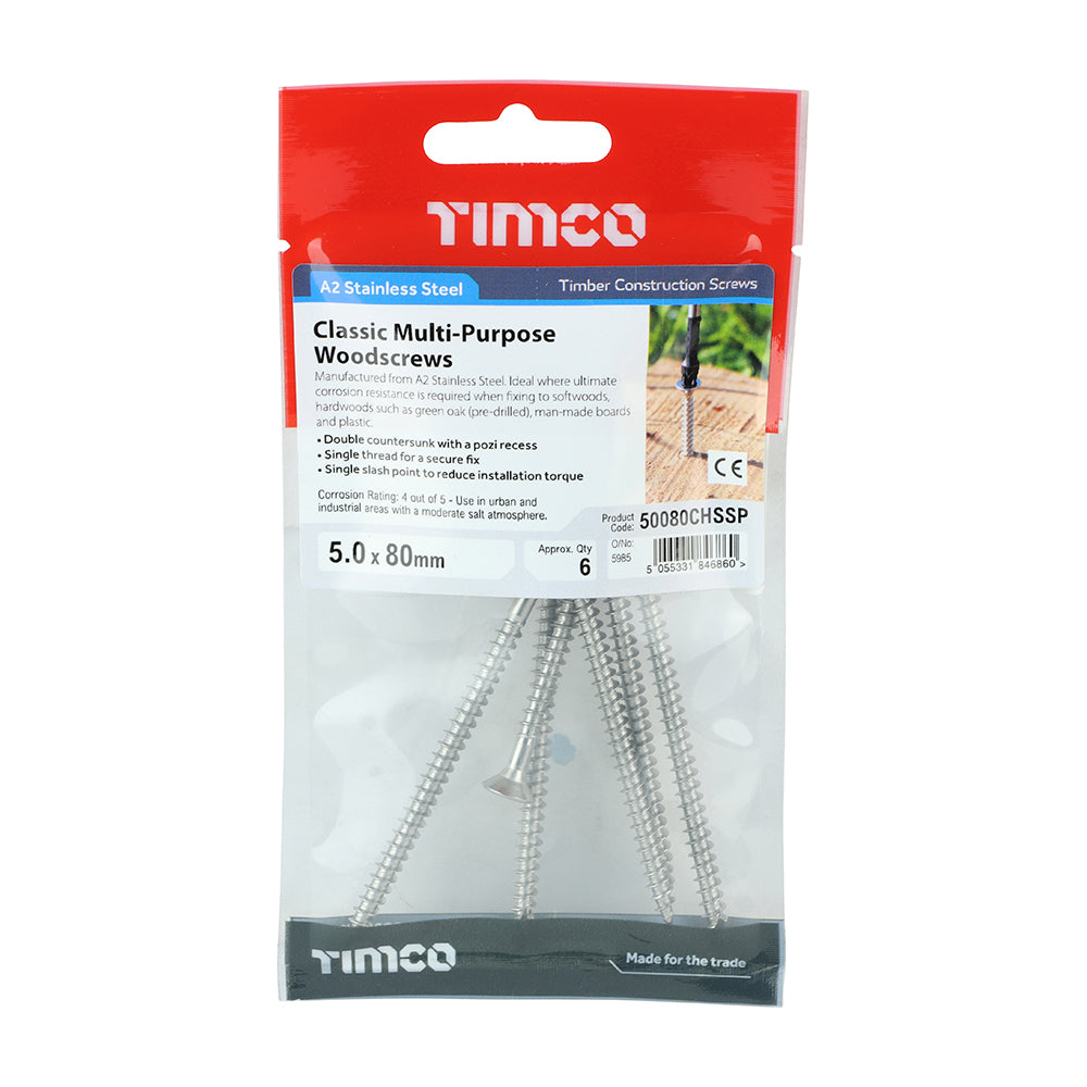 Classic Screw PZ2 CSK - A2 S/S - 5.0 x 80 | TIMpac of 6