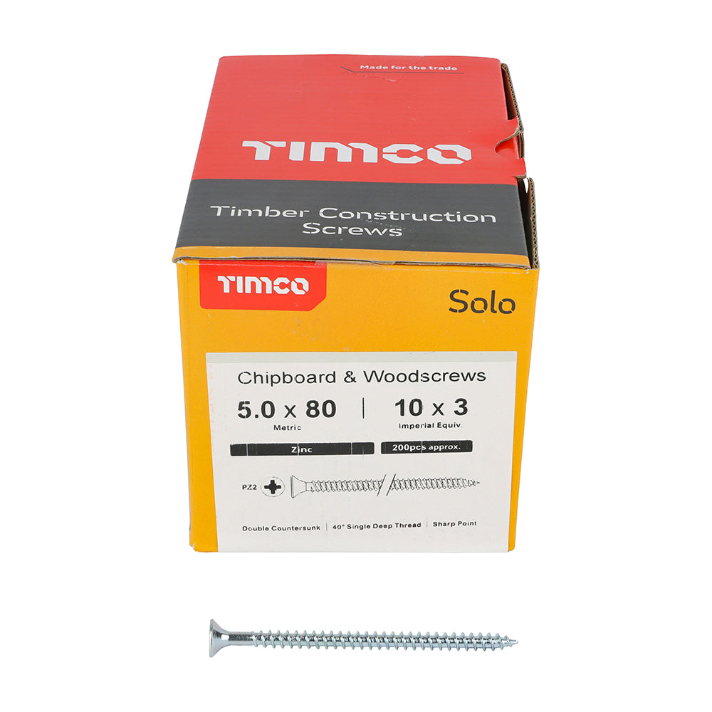 Solo Woodscrew PZ2 CSK Zinc - 5.0 x 80 | Box of 200
