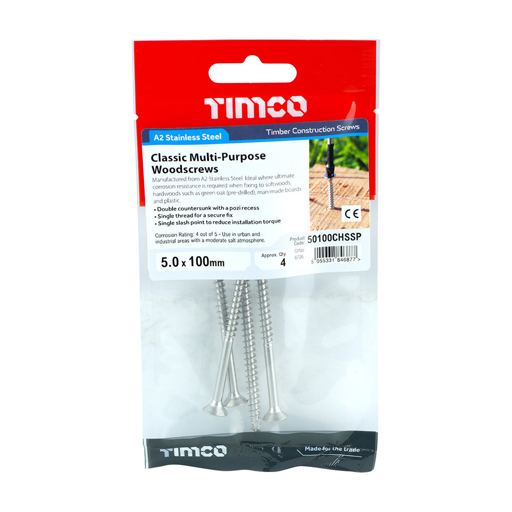Classic Screw PZ2 CSK - A2 S/S - 5.0 x 100 | TIMpac of 4